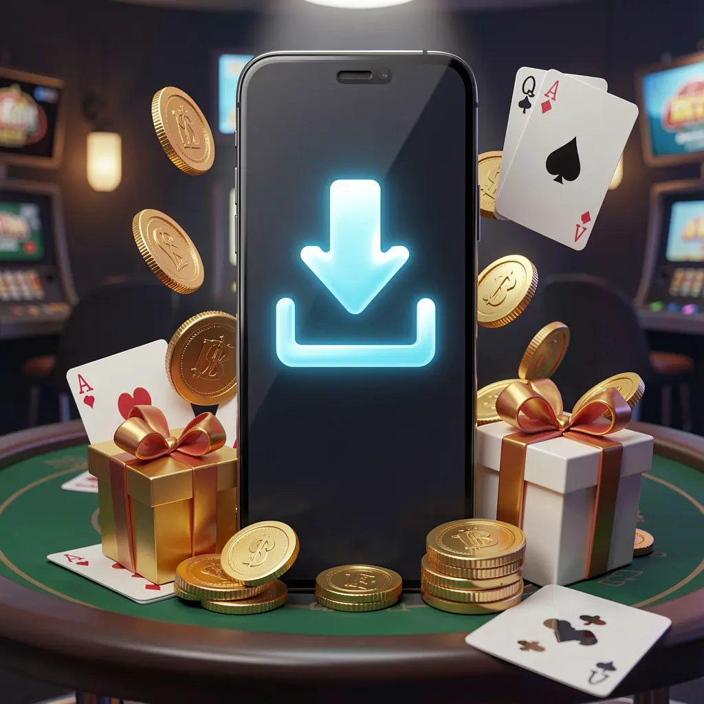 22BC8 casino app download concept showing a smartphone with a download icon surrounded by golden coins, a gift box, and playing cards in a modern mobile gaming atmosphere 22BC8 casino app download concept showing a smartphone with a download icon surrounded by golden coins, a gift box, and playing cards in a modern mobile gaming atmosphere