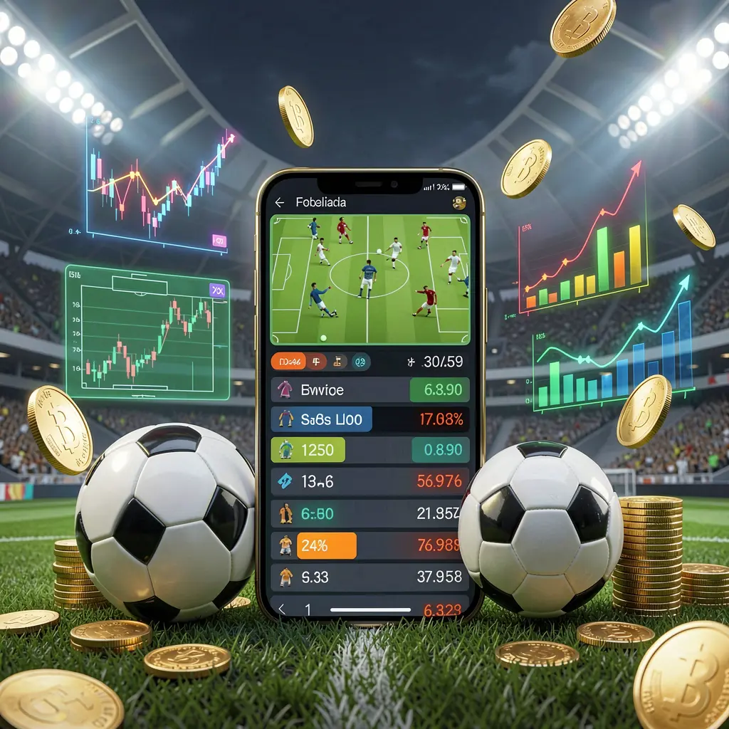 22BC8 football prediction betting scene showing a smartphone with match statistics interface, a soccer ball, coins, and glowing data charts floating around in a modern stadium background