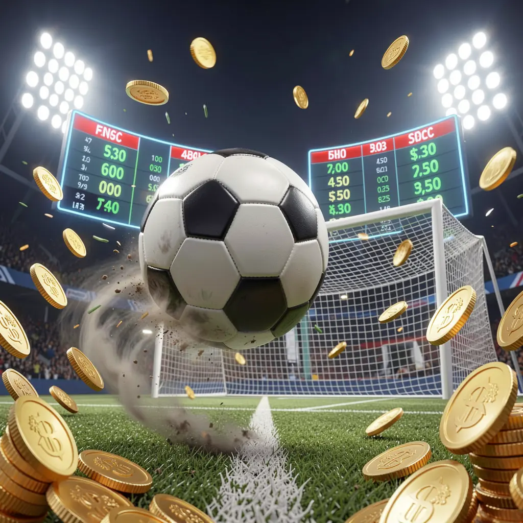 22BC8 premium match betting visual showing a soccer ball flying toward the goal in a stadium with floodlights, glowing odds interface, and golden coins creating a dynamic sports betting atmosphere