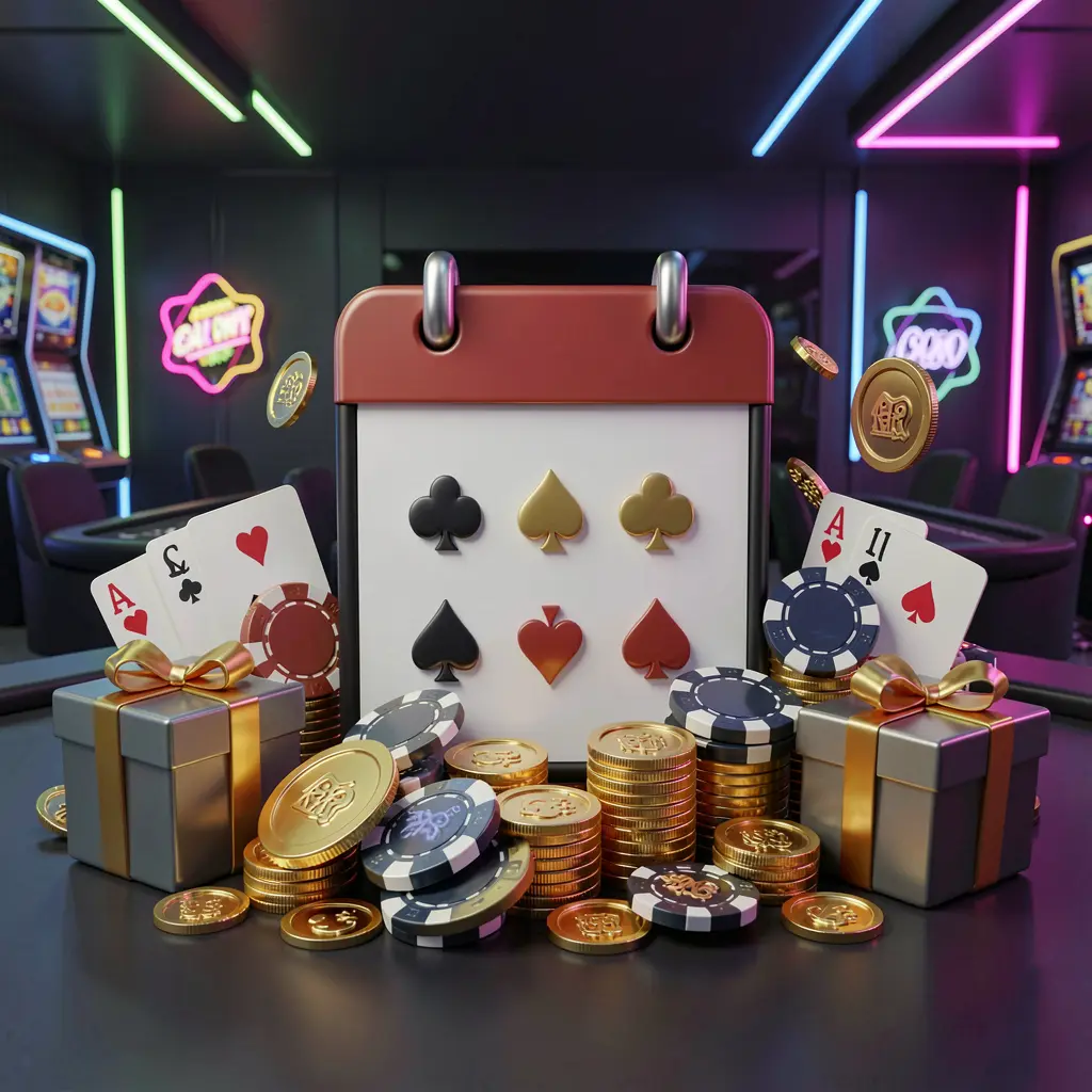 22BC8 weekly online casino bonus concept featuring a calendar icon surrounded by golden coins, gift boxes, poker chips, and playing cards in a festive casino atmosphere with neon lights on a dark modern background 22BC8 weekly online casino bonus concept featuring a calendar icon surrounded by golden coins, gift boxes, poker chips, and playing cards in a festive casino atmosphere with neon lights on a dark modern background