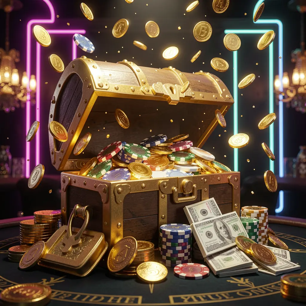 22BC8 premium online casino bonus hero banner featuring golden coins flying in the air and a glowing treasure chest full of chips and cash against a luxury dark background with neon accents, creating a festive and elegant casino atmosphere with high detail and cinematic lighting 22BC8 premium online casino bonus hero banner featuring golden coins flying in the air and a glowing treasure chest full of chips and cash against a luxury dark background with neon accents, creating a festive and elegant casino atmosphere with high detail and cinematic lighting