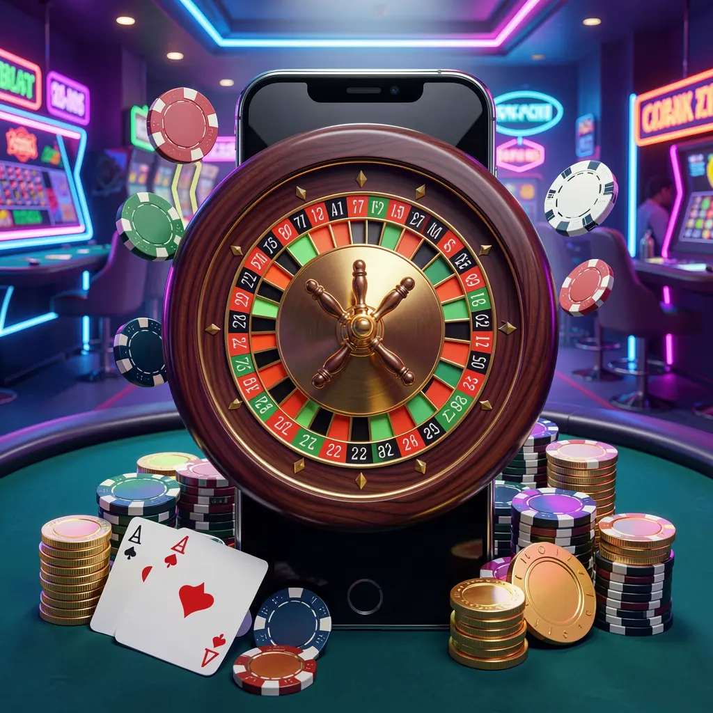 22BC8 mobile casino experience showing a smartphone surrounded by a roulette wheel, chips, cards, and coins in a bright neon casino atmosphere