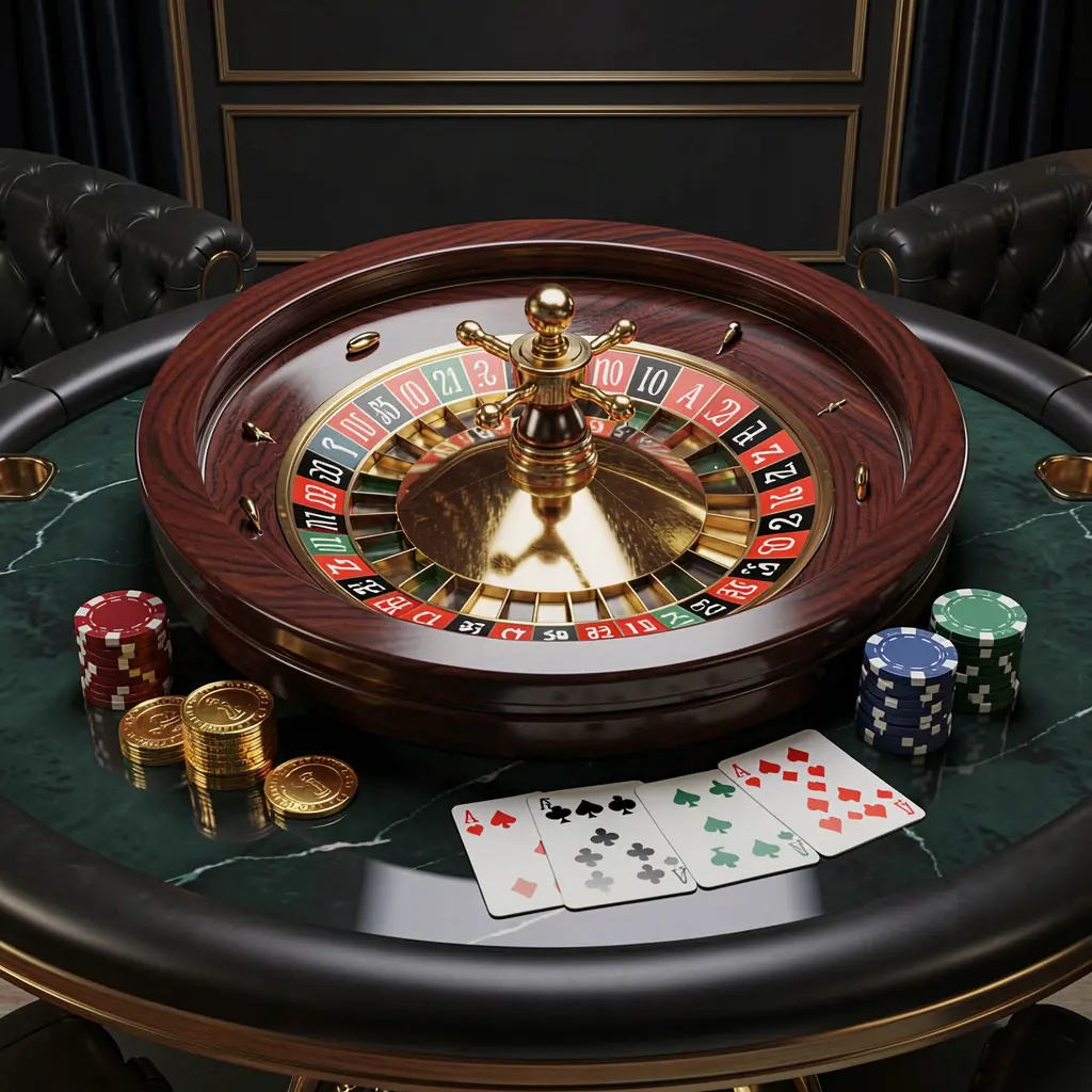 Realistic 3D illustration of a modern online casino scene featuring a roulette wheel, playing cards, poker chips, and golden coins on a glossy table with a dark luxury background, showcasing the 22BC8 brand atmosphere