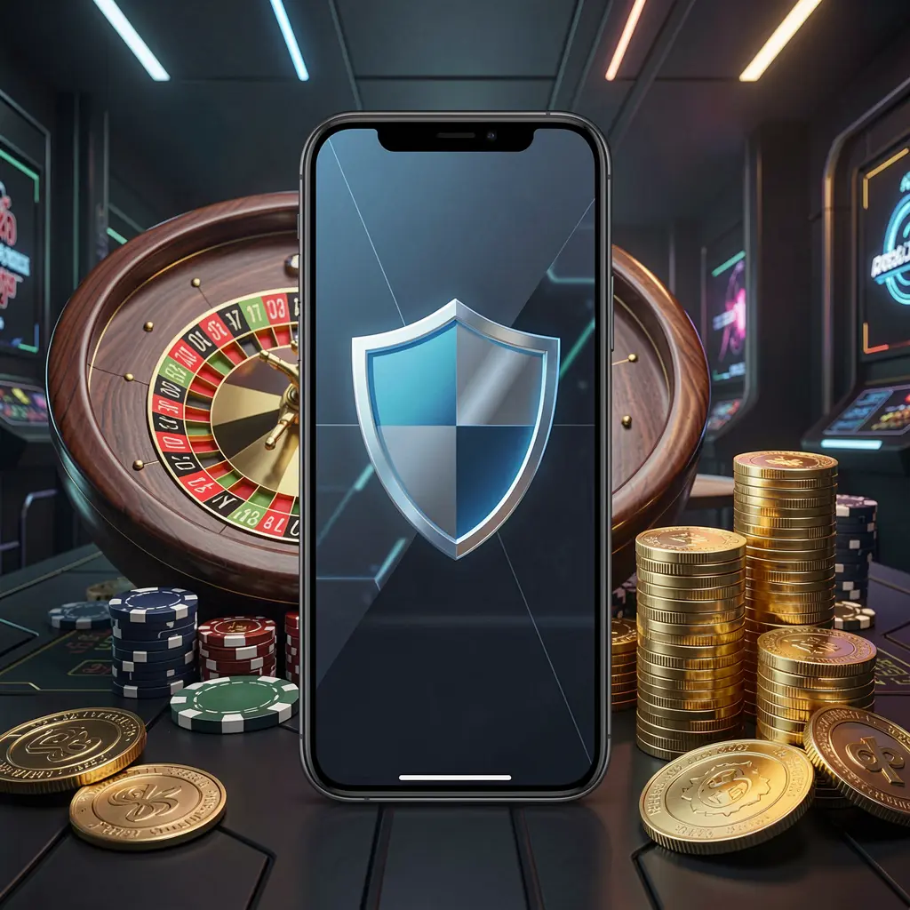 22BC8 secure mobile casino login screen showing a phone with a shield icon, roulette wheel, poker chips, and golden coins in a dark cyber luxury atmosphere 22BC8 secure mobile casino login screen showing a phone with a shield icon, roulette wheel, poker chips, and golden coins in a dark cyber luxury atmosphere