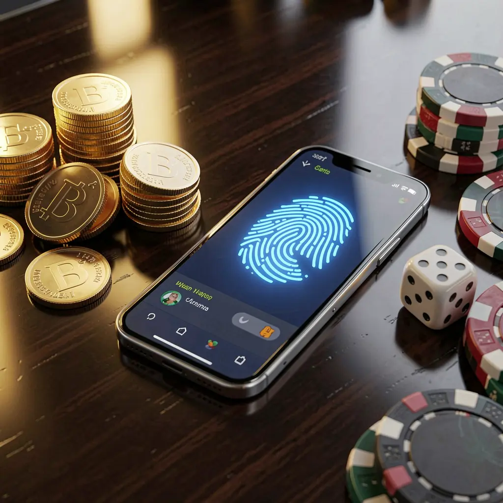 22BC8 online gaming account access scene with smartphone showing glowing fingerprint icon, golden coins, dice, and poker chips on a glossy table under cinematic lighting 22BC8 online gaming account access scene with smartphone showing glowing fingerprint icon, golden coins, dice, and poker chips on a glossy table under cinematic lighting