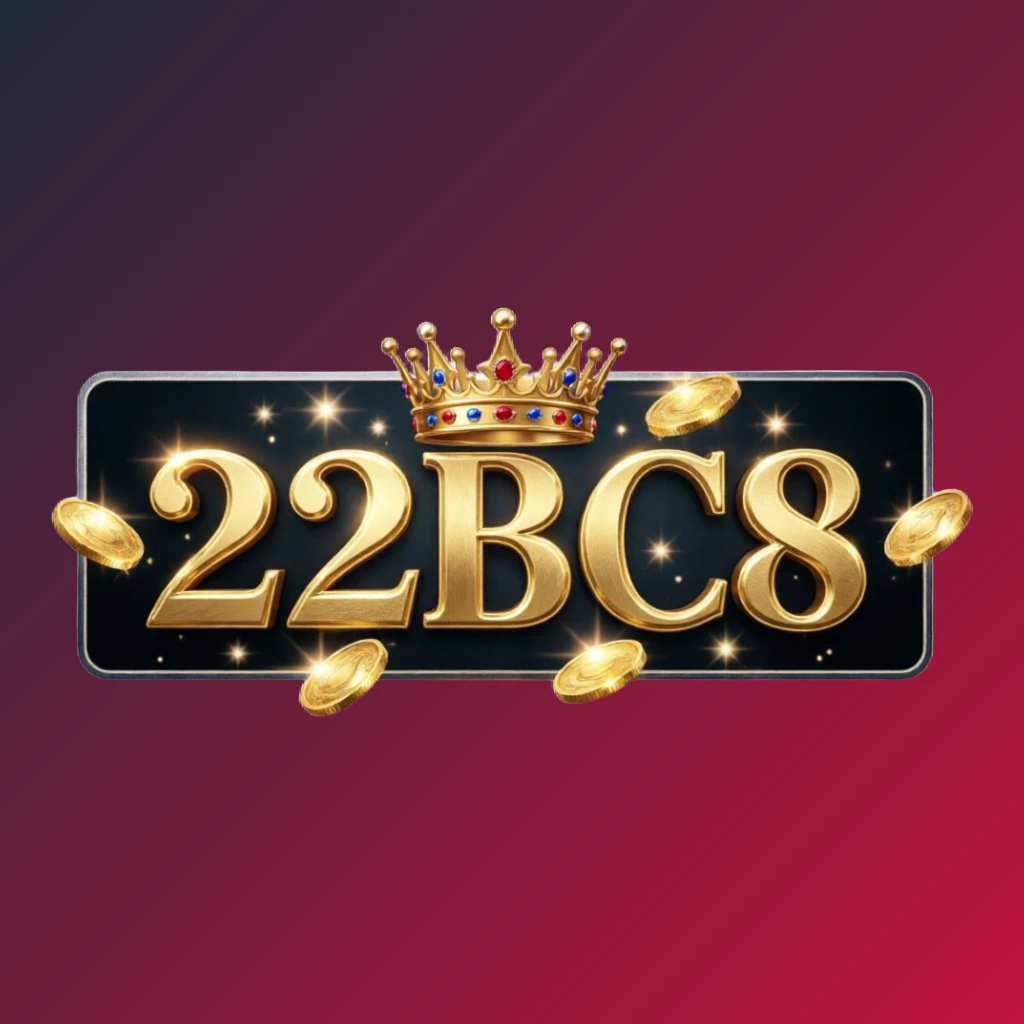 22BC8 casino-style logo featuring golden letters with a crown and sparkling coins, set in a luxury gaming atmosphere on a transparent background, designed as a horizontal rectangular wordmark for a website header