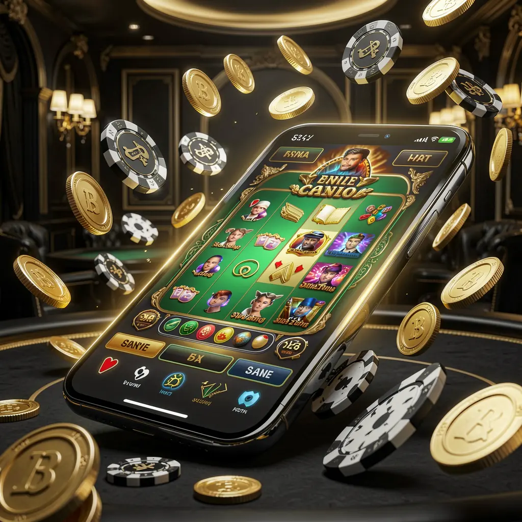 22BC8 modern online casino main page visual featuring a smartphone with a glowing gaming interface, surrounded by flying coins and chips in a black and gold luxury atmosphere